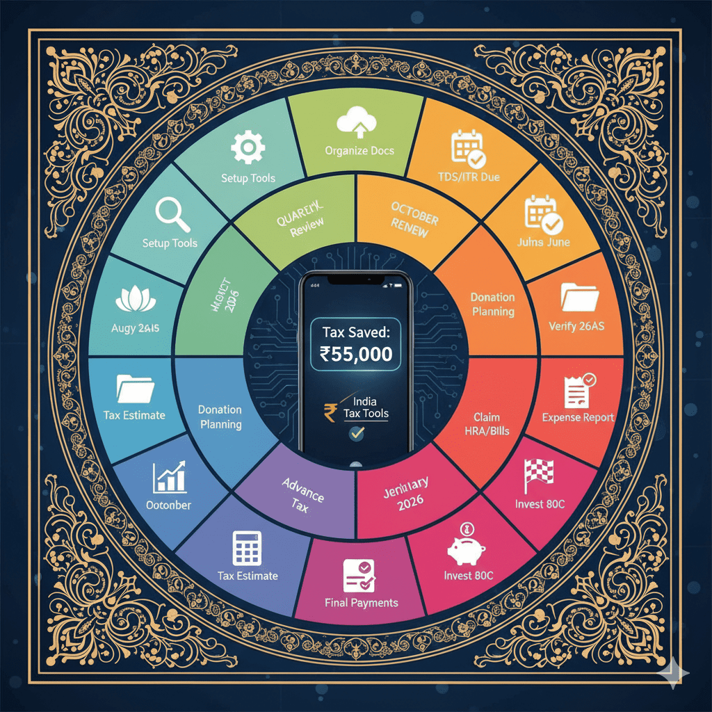 12-month circular calendar showing digital payment tax planning actions from April to March with smartphone and savings display at center