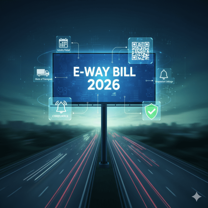 3D highway with digital screen showing e-way bill 2026 updates including validity, suspension link and QR code