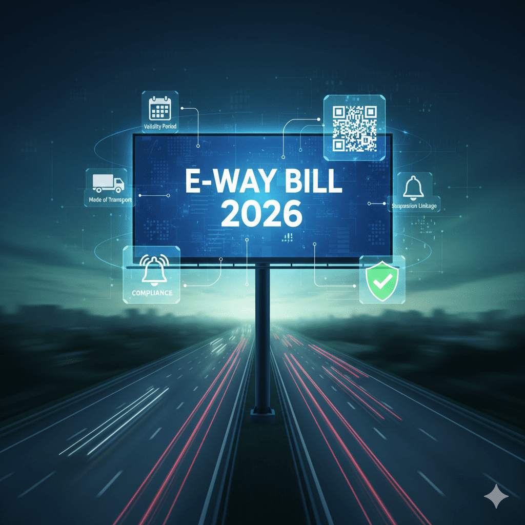 3D highway with digital screen showing e-way bill 2026 updates including validity, suspension link and QR code