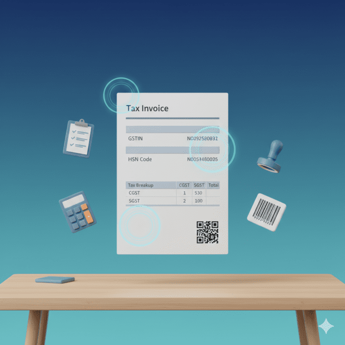 3D illustration of GST-compliant invoice with highlighted mandatory fields including GSTIN, HSN code and tax breakup
