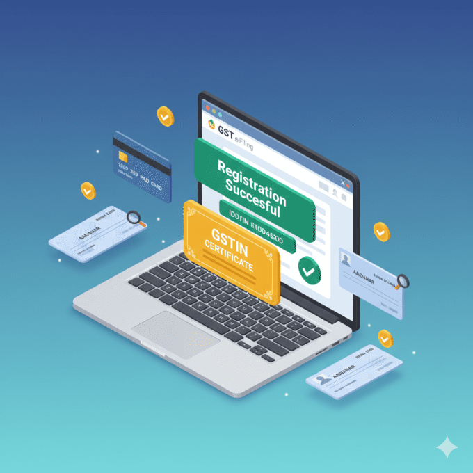 3D illustration of GST portal on laptop with successful registration message and document icons floating around