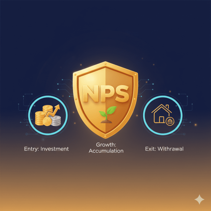 3D illustration of NPS shield protecting three icons representing triple tax benefits at investment, growth and withdrawal stages