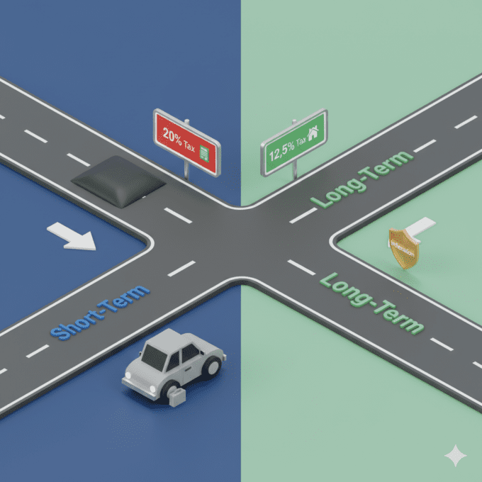 3D illustration of a road fork showing short-term and long-term capital gains tax paths with rates and icons for stocks and property.
