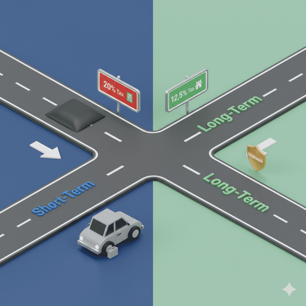 3D illustration of a road fork showing short-term and long-term capital gains tax paths with rates and icons for stocks and property.