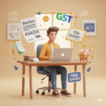 3D illustration of freelancer with tax saving elements including Section 44ADA, expenses, GST and TDS