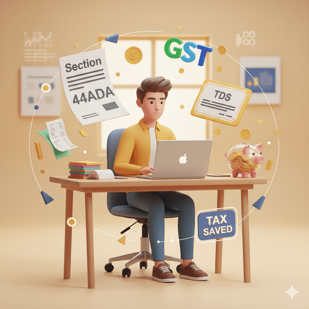 3D illustration of freelancer with tax saving elements including Section 44ADA, expenses, GST and TDS