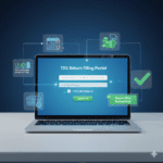 3D illustration of laptop showing TDS return filing portal with forms, due dates and compliance elements