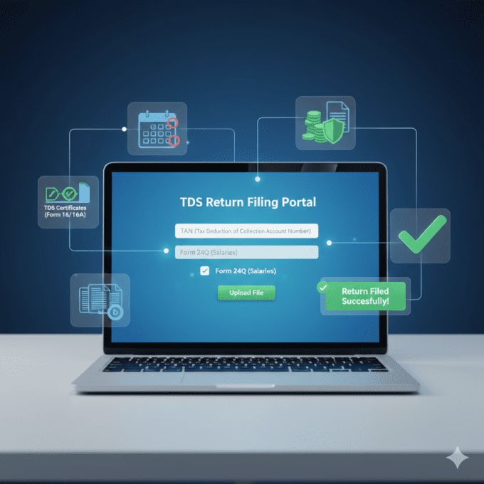 3D illustration of laptop showing TDS return filing portal with forms, due dates and compliance elements