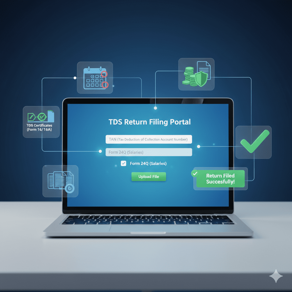 3D illustration of laptop showing TDS return filing portal with forms, due dates and compliance elements