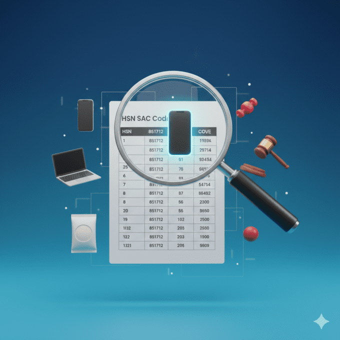3D illustration of magnifying glass revealing HSN code 851712 over document with product and service icons