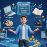 3D illustration of person juggling multiple part-time income sources with tax calculator showing total income
