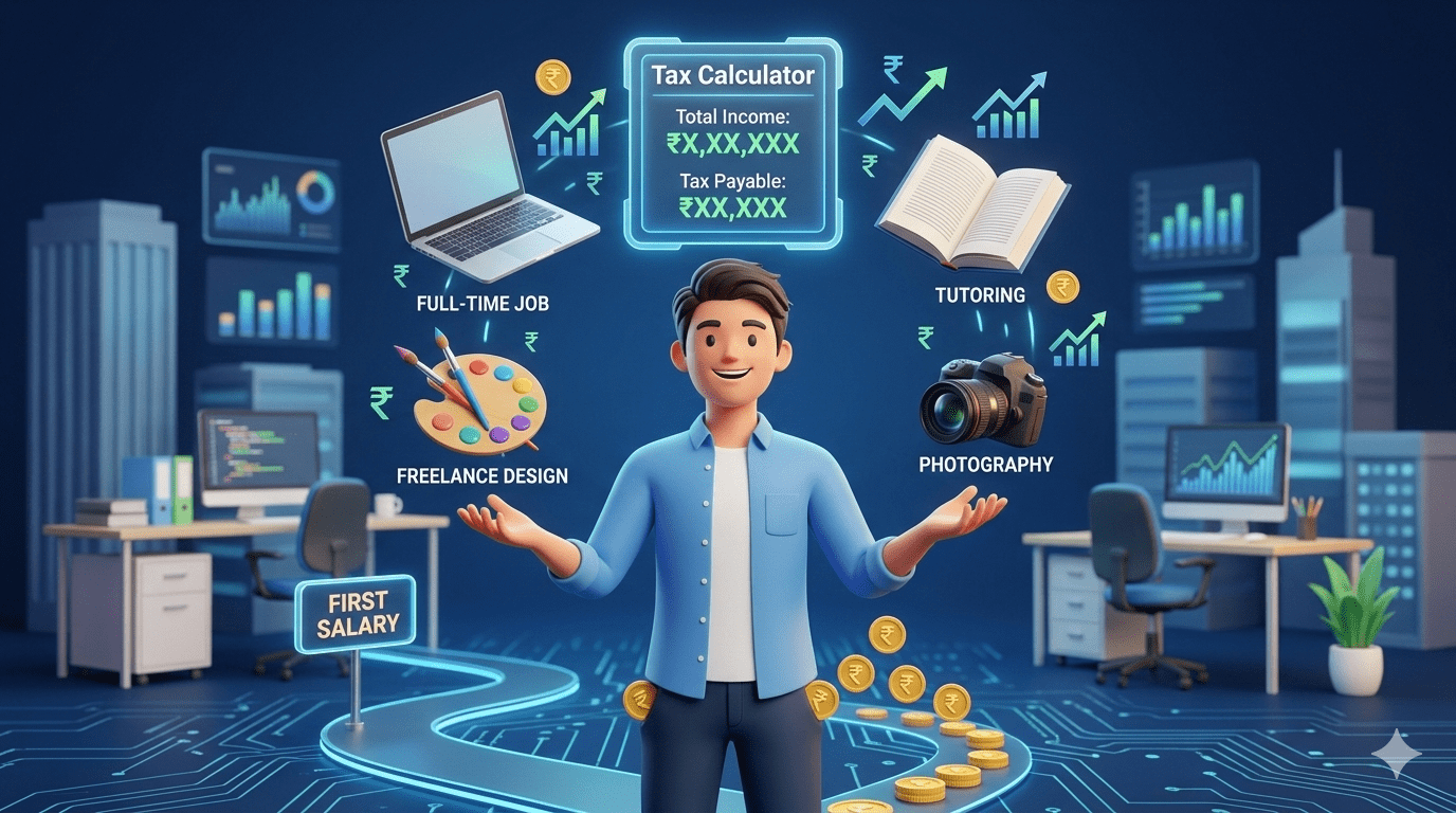 3D illustration of person juggling multiple part-time income sources with tax calculator showing total income