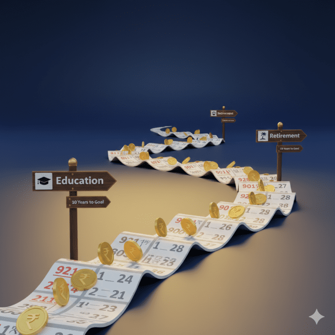 3D illustration of winding road with signposts for education, home and retirement goals representing goal-based investment planning