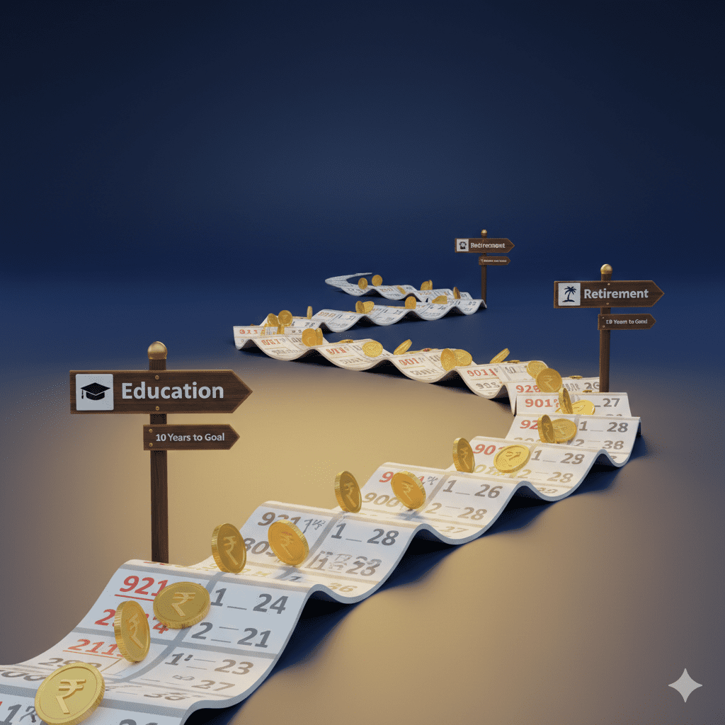 3D illustration of winding road with signposts for education, home and retirement goals representing goal-based investment planning