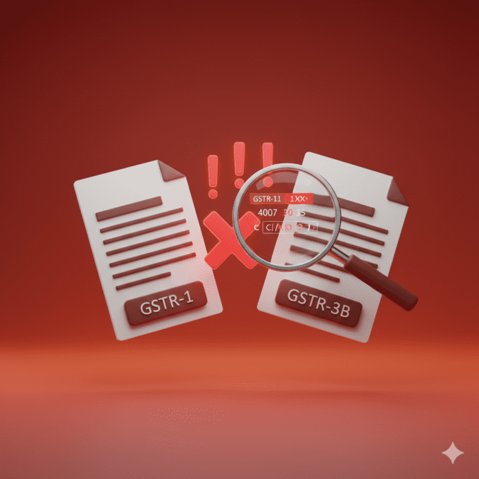 3D illustration showing GSTR-1 and GSTR-3B documents with red warning symbols indicating mismatch errors
