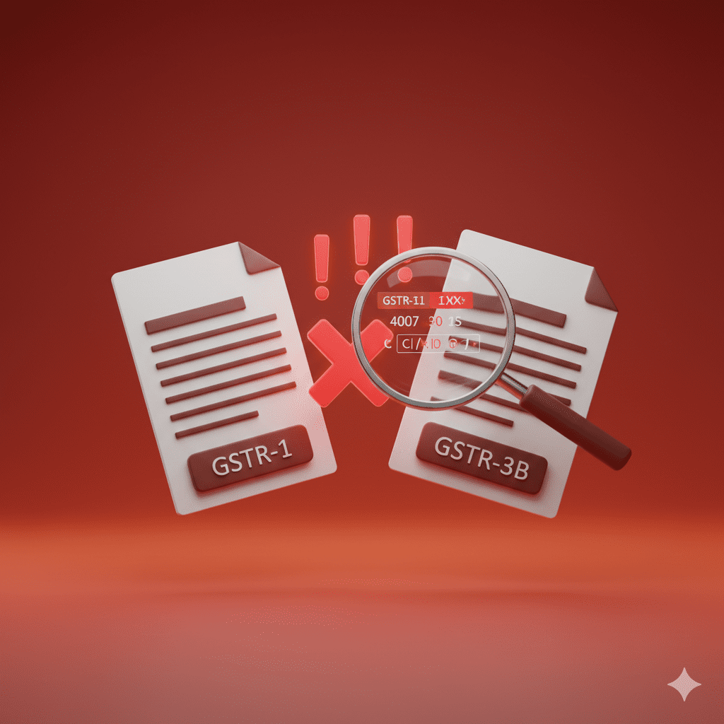 3D illustration showing GSTR-1 and GSTR-3B documents with red warning symbols indicating mismatch errors