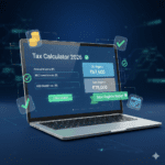 3D laptop displaying online tax calculator with old vs new regime comparison results