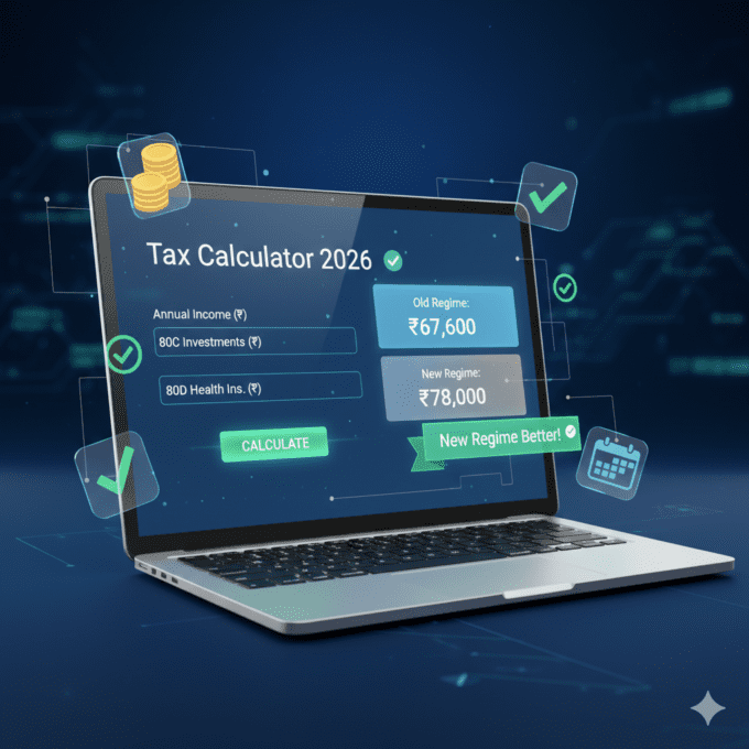 3D laptop displaying online tax calculator with old vs new regime comparison results