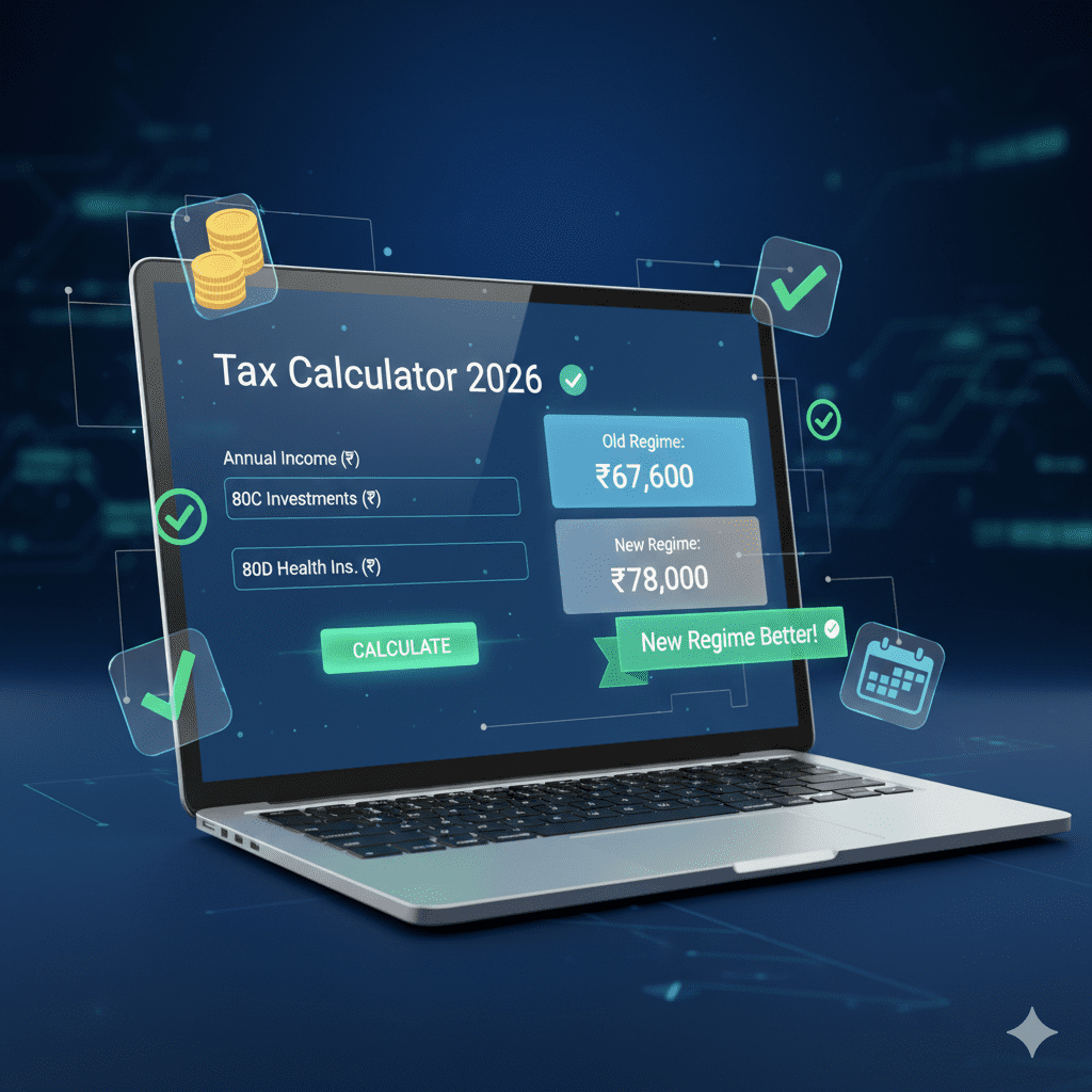 3D laptop displaying online tax calculator with old vs new regime comparison results