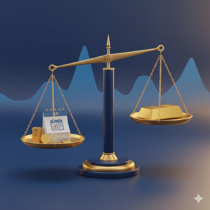 3D scale balancing monthly SIP installments on one side against single lump sum gold bar on other representing investment choice