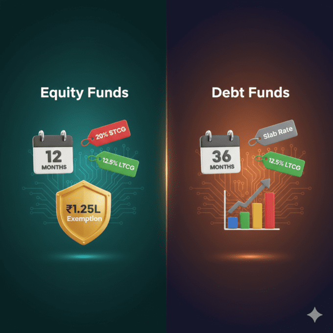 3D split illustration comparing equity and debt mutual fund taxation with holding periods, tax rates and LTCG exemption