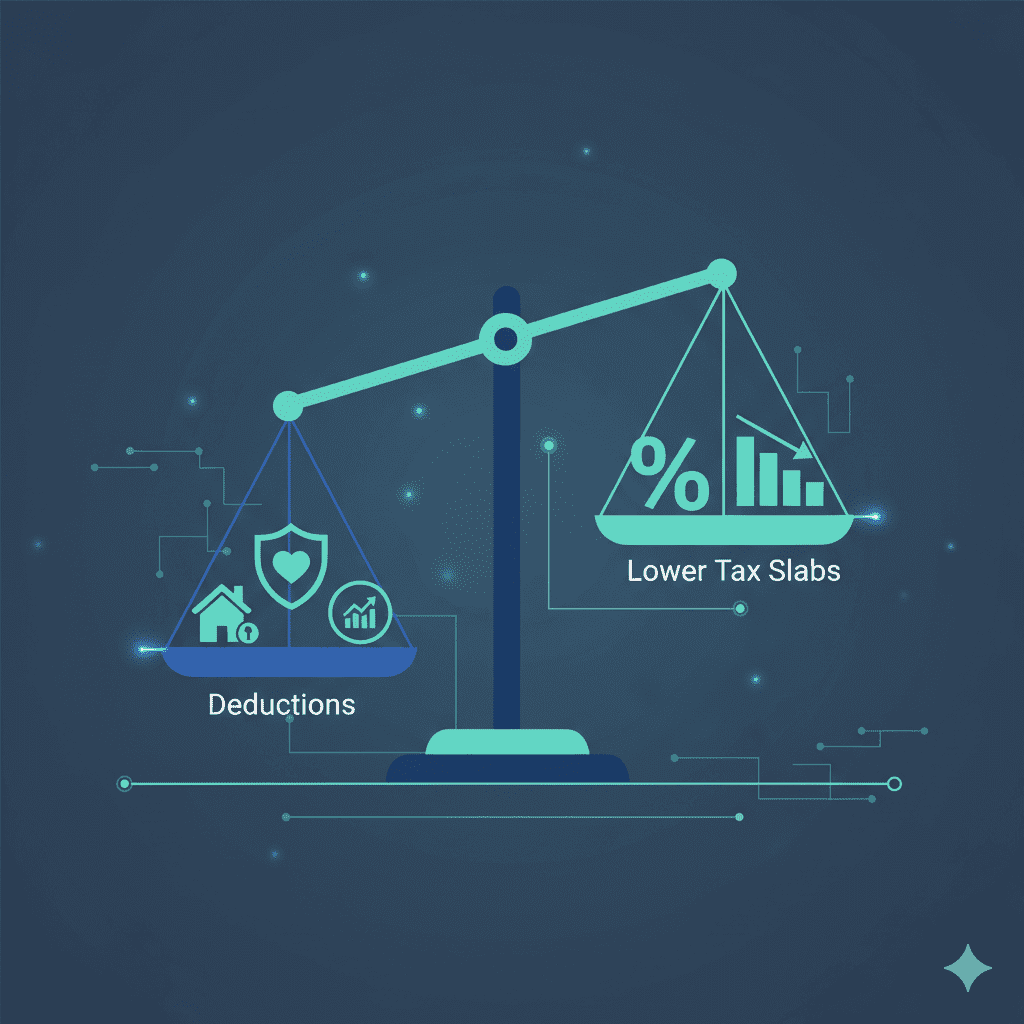 Infographic comparing the trade-off between tax deductions and lower tax slabs in India's new and old tax regimes.