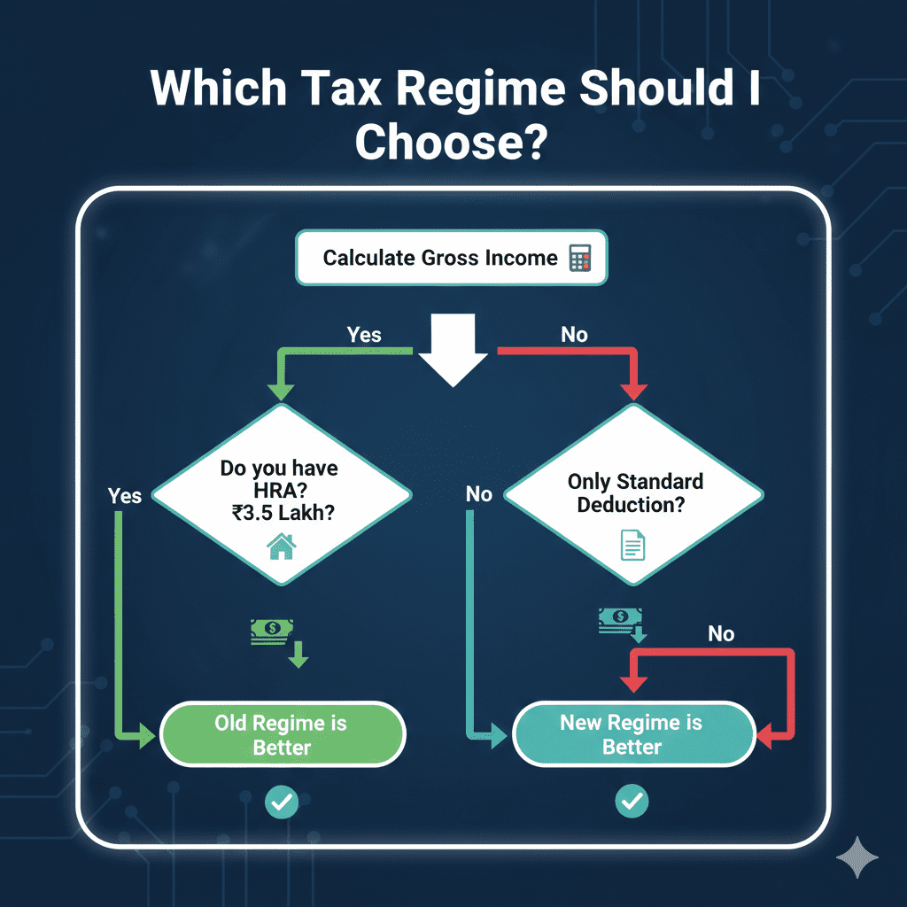 Flowchart decision guide to help choose between India's new and old tax regime based on income and deductions.