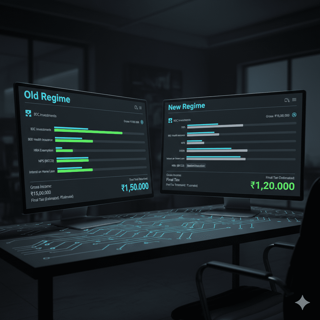 Visual comparison of financial dashboard complexity vs. final tax liability in old vs new tax regimes.
