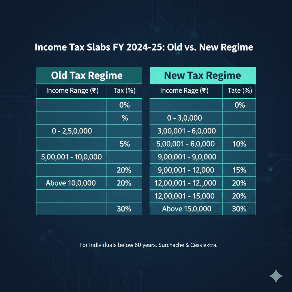 2024-25 Income tax slab rates comparison table for India's old and new tax regimes.