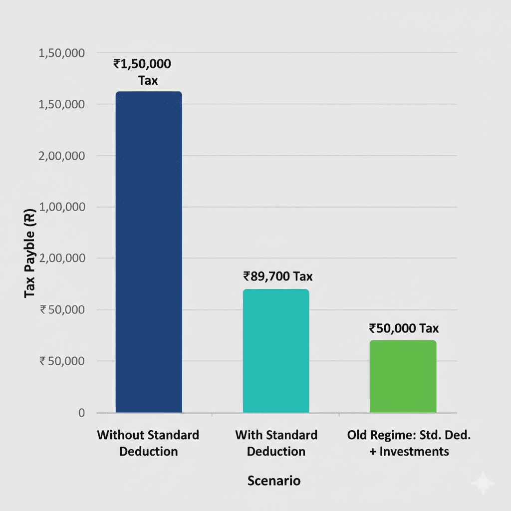 Bar chart comparing tax savings with and without Standard Deduction 2026 showing actual rupee benefit