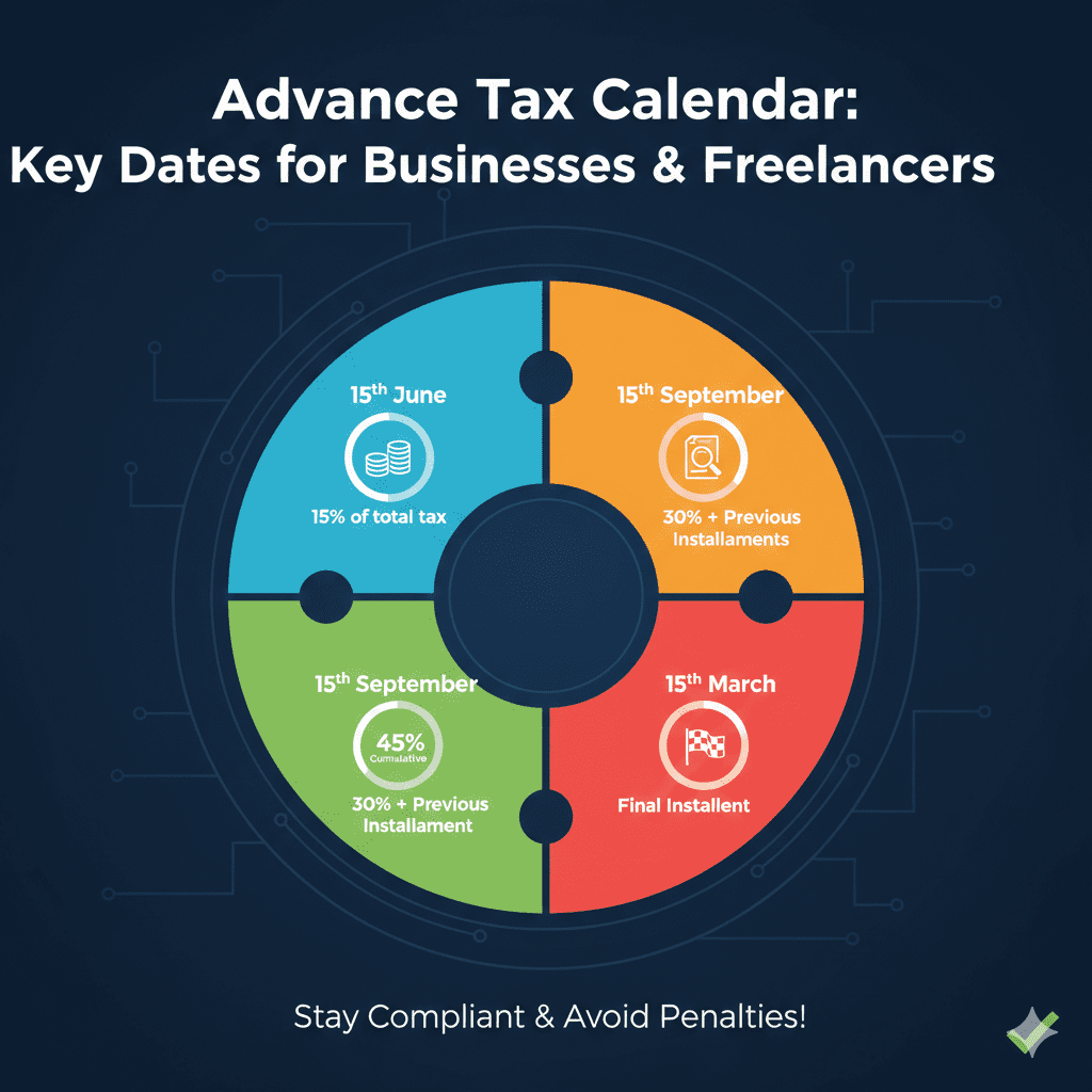 Circular calendar showing advance tax due dates and cumulative payment percentages for freelancers