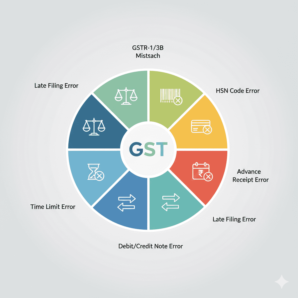 Circular infographic showing 7 common GST return filing mistakes with icons for each error type