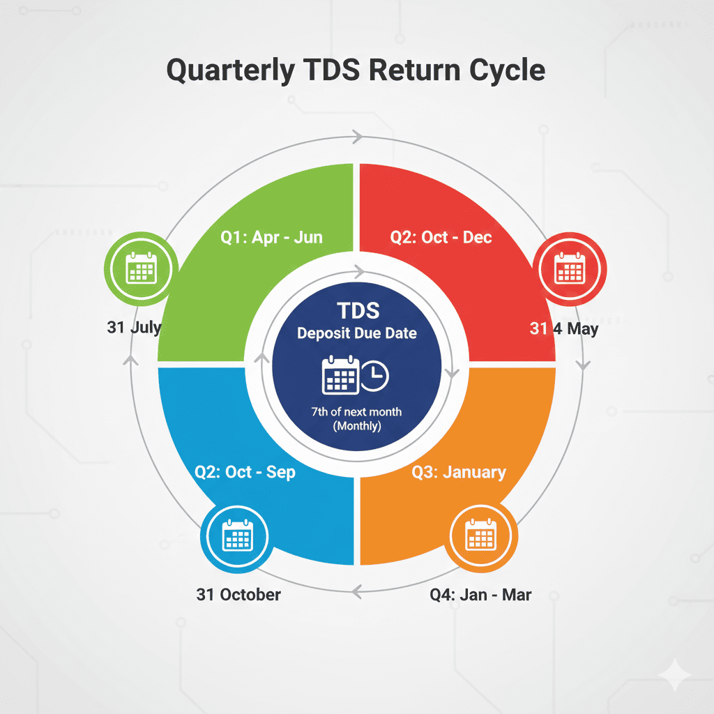Circular infographic showing quarterly TDS return due dates and monthly TDS deposit deadlines for 2026