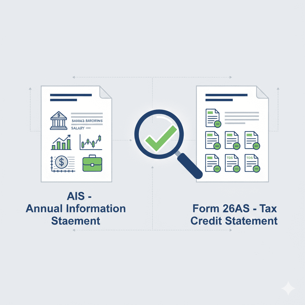 Comparison diagram showing reconciliation between Annual Information Statement (AIS) and Form 26AS for ITR filing