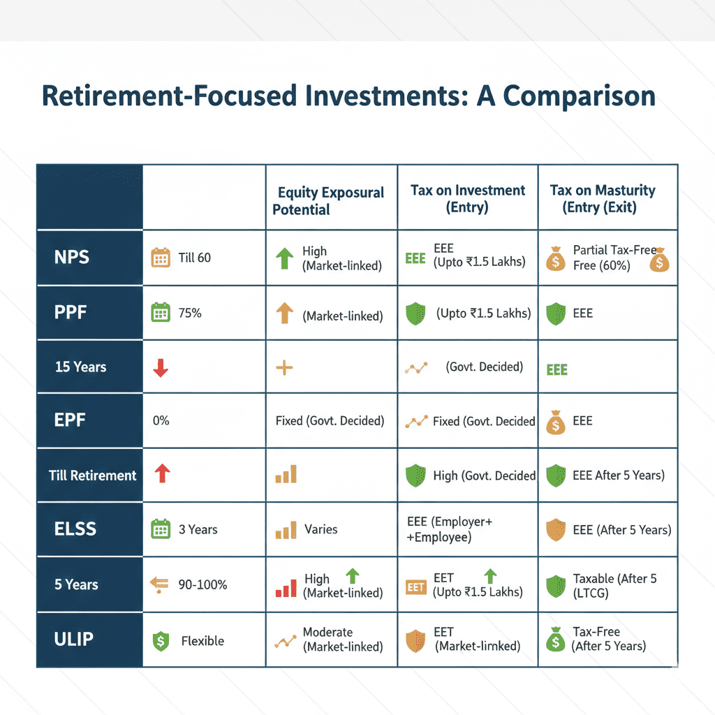 Comparison infographic showing NPS against PPF, EPF, ELSS and ULIP on lock-in, equity exposure, returns and tax benefits