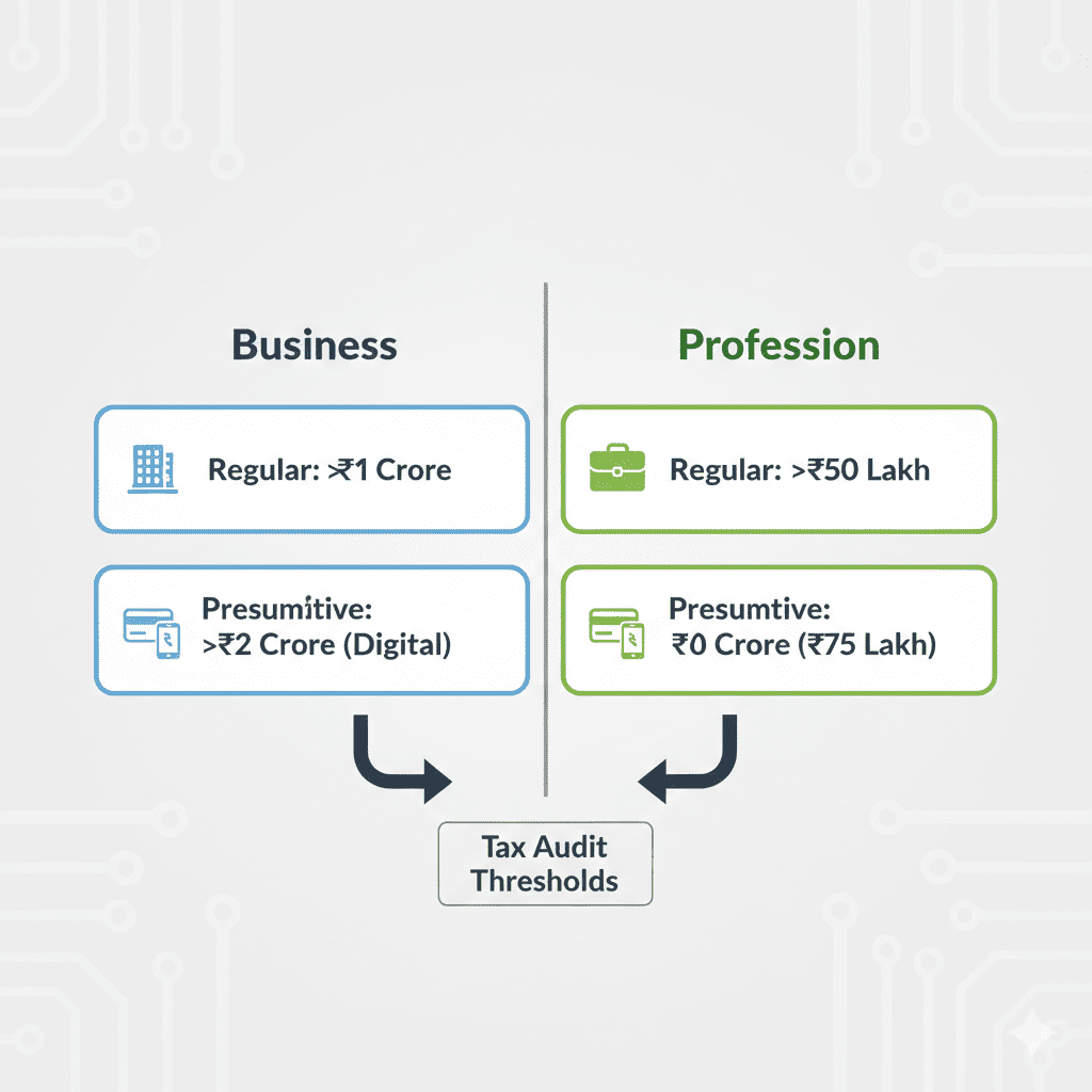 Comparison infographic showing tax audit thresholds for businesses and professionals under regular and presumptive schemes