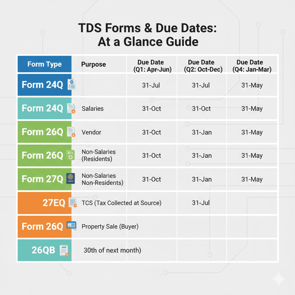 Comparison table showing TDS return forms 24Q, 26Q, 27Q with purpose, quarterly due dates and applicability