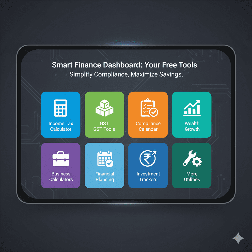 Dashboard view of India Tax Tools categories including income tax, GST, compliance and wealth tools