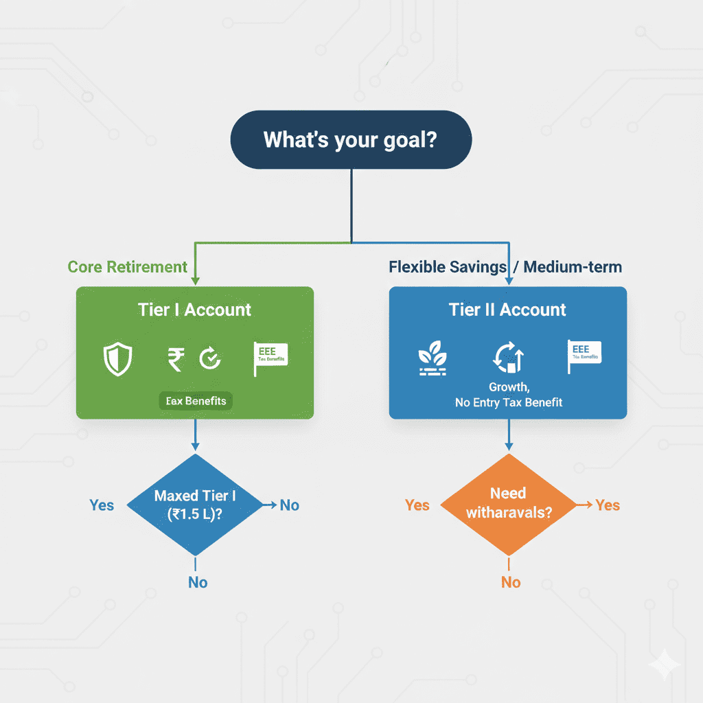 Decision tree flowchart helping investors choose between NPS Tier 1 and Tier 2 accounts based on retirement goals and flexibility needs
