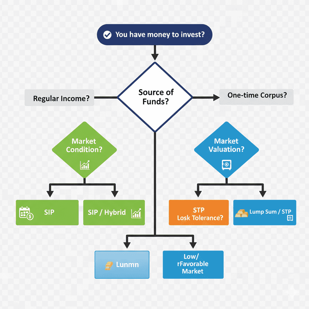 Decision tree flowchart helping investors choose between SIP, lump sum and STP based on income type, market conditions and risk tolerance