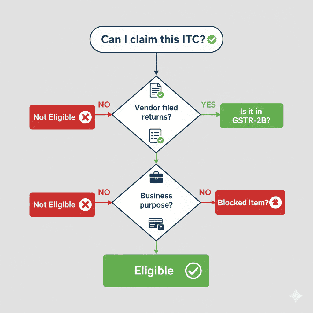 Decision tree flowchart showing how to determine Input Tax Credit eligibility based on vendor compliance and invoice matching