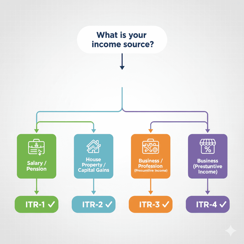 Decision tree flowchart to select correct ITR form based on income sources for 2026 filing