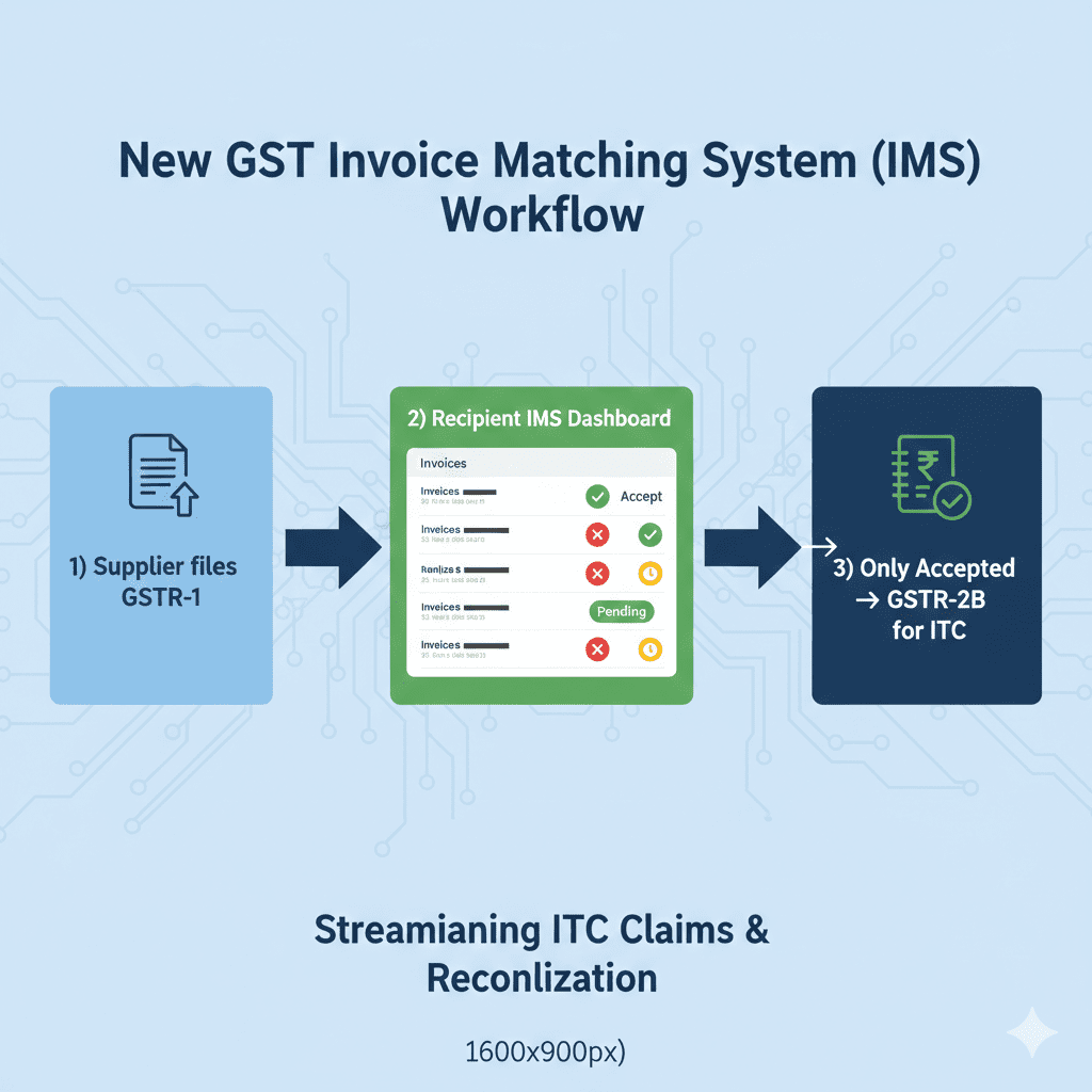 Diagram showing Invoice Management System workflow from supplier GSTR-1 to recipient acceptreject options and ITC eligibility