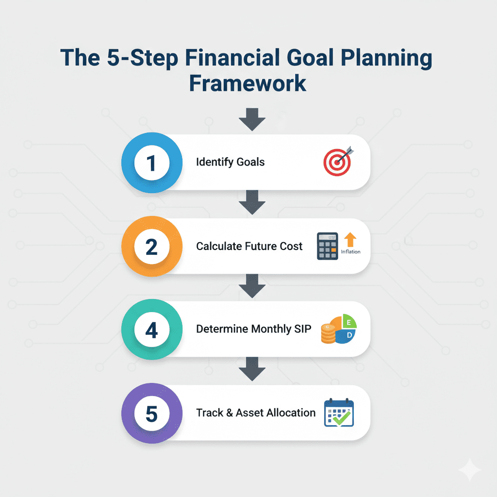 Five-step flowchart showing goal-based investment planning process from goal identification to tracking and rebalancing