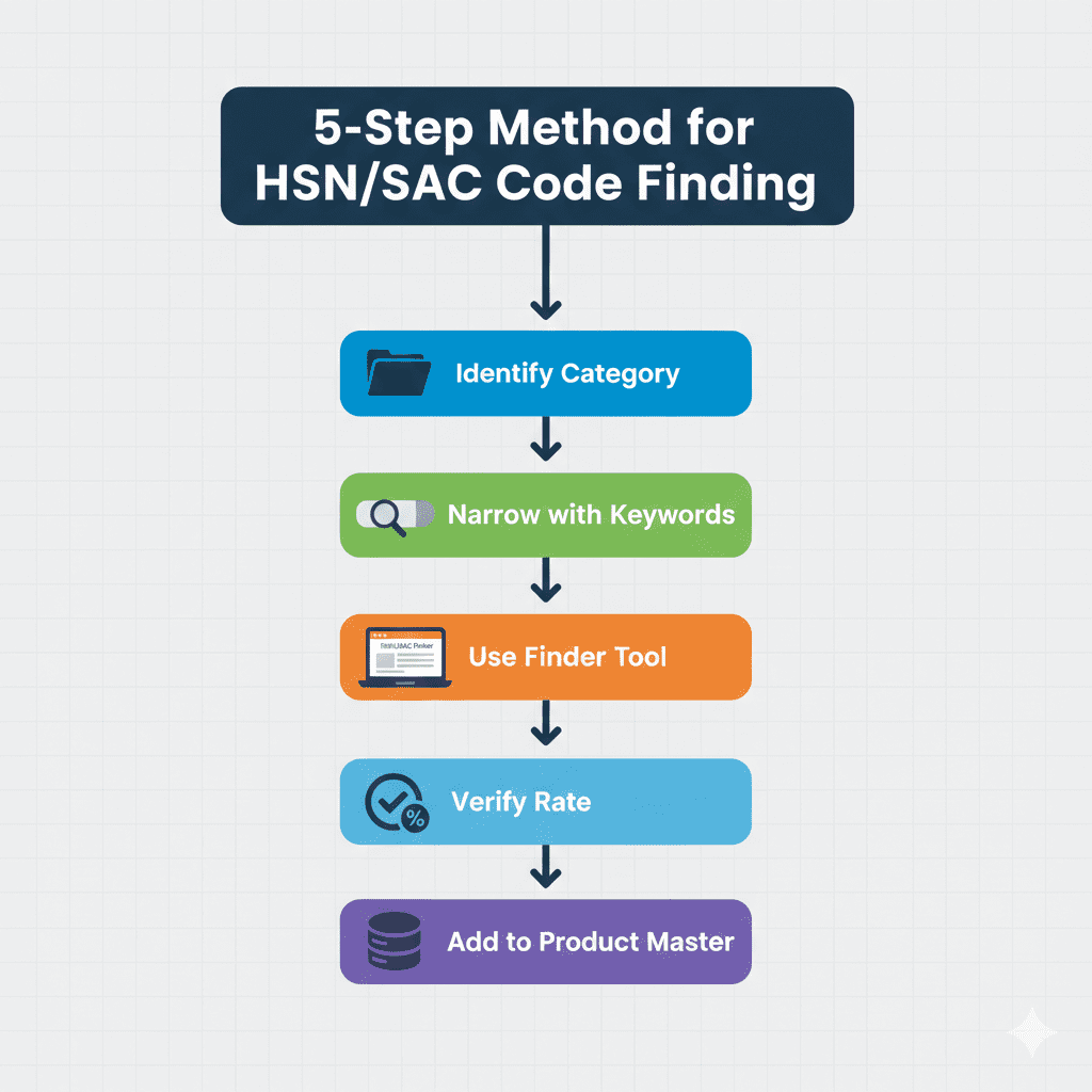 Five-step flowchart showing process to find HSNSAC codes from category identification to product master update