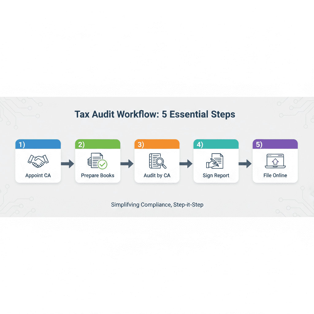 Five-step flowchart showing tax audit process from appointing CA to filing audit report online