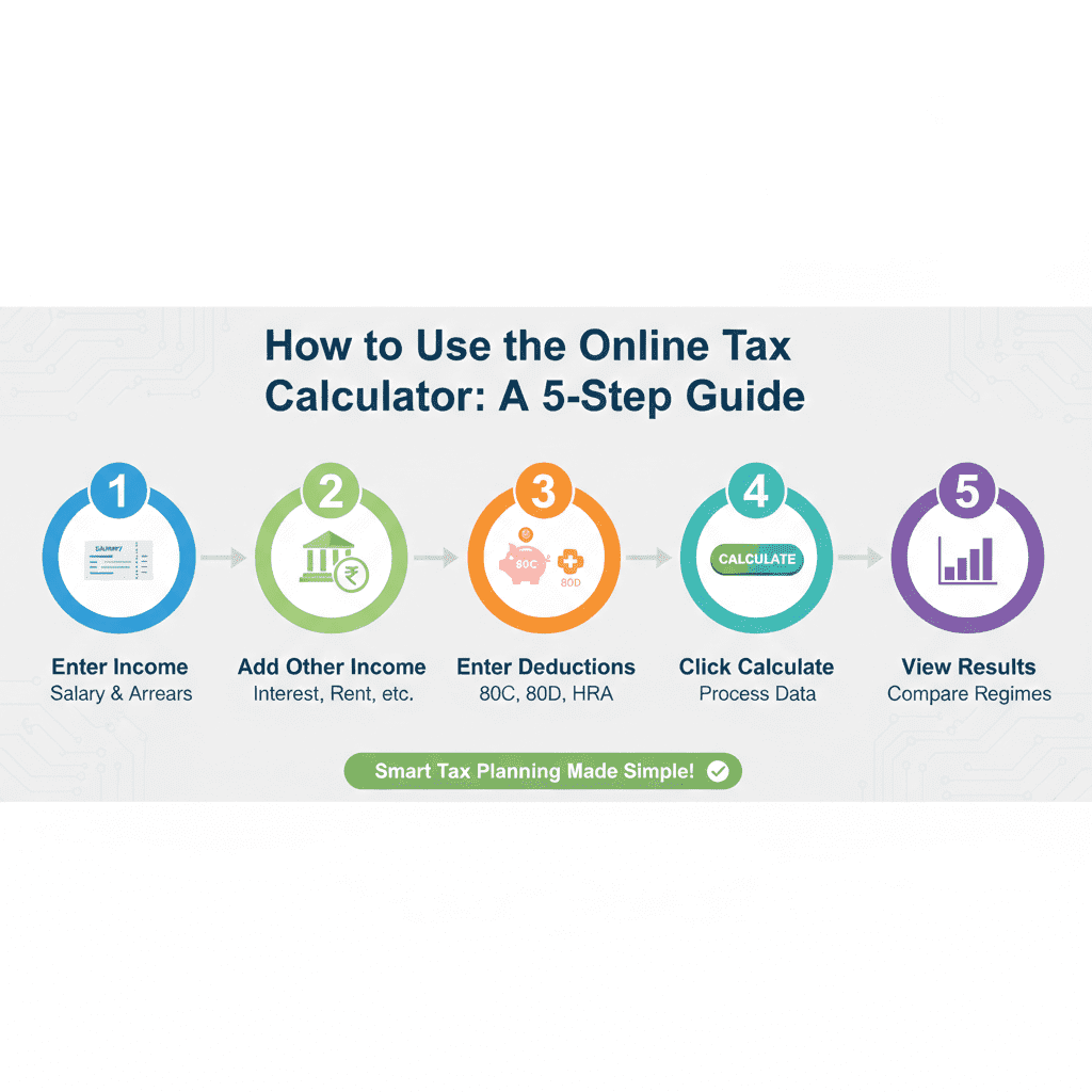 Five-step visual guide to using online tax calculator from entering income to viewing results