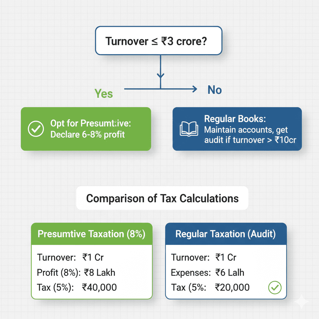 Flowchart explaining presumptive taxation under Section 44AD for MSMEs with turnover up to ₹3 crore