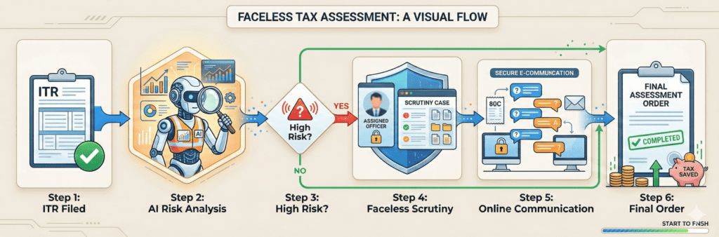 Flowchart showing faceless assessment process from ITR filing to AI scrutiny and final order
