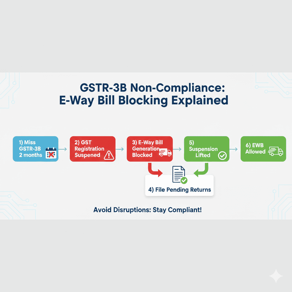 Flowchart showing how missing GSTR-3B leads to registration suspension which blocks e-way bill generation